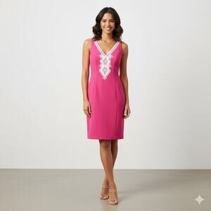 NWT Eliza J Embroidered V-Neck Shift Dress Bright Barbie Pink Sleeveless Ponte 8